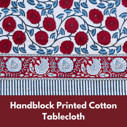 HANDICRAFT HANDLOOM Handblock Print Cotton Tablecloth – 60x90 Rectangle Table Cover Seats 6 – Indian Block Printed Floral Dining Table Linen – Boho Washable Cloth for Kitchen, Party, Outdoor (White)