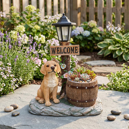 UNOIRNM Golden Retriever Puppy Garden Statue - with Solar Light and Wood Barrel Planter, 18.5" Tall Welcome Dog Figurine for Lawn Decor, 9.3 lbs Durable Resin Outdoor Ornament, 15.4" Length