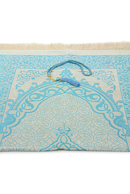 ihvan online Muslim Prayer Rug with 99 Beads Tasbih & Travel Bag, Soft Taffeta Sajadah, Lightweight & Foldable Janamaz, Portable Prayer Mat, Islamic Gift for Eid, Ramadan, Hajj & Umrah, Blue