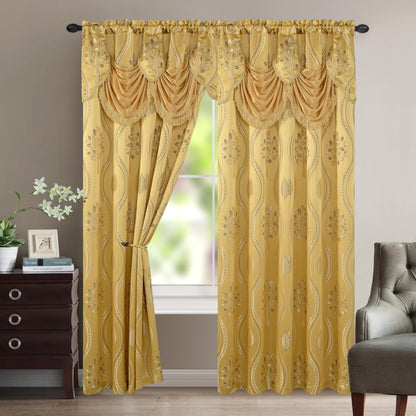 Elegant Comfort Aurora Jacquard Look Curtain Panel Set with Attached Valance 54" X 84 inch (Set of 2), Gold