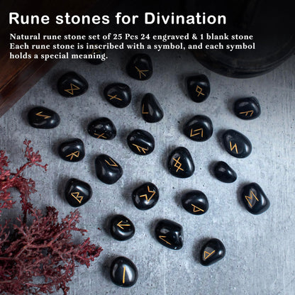 Crocon Black Tourmaline Gemstone Elder Futhark Alphabet Engraved Symbol Rune Stone 25 pcs Set for Feng Shui Chakra Balancing Reiki Healing Spiritual Metaphysical Size: 2025 mm