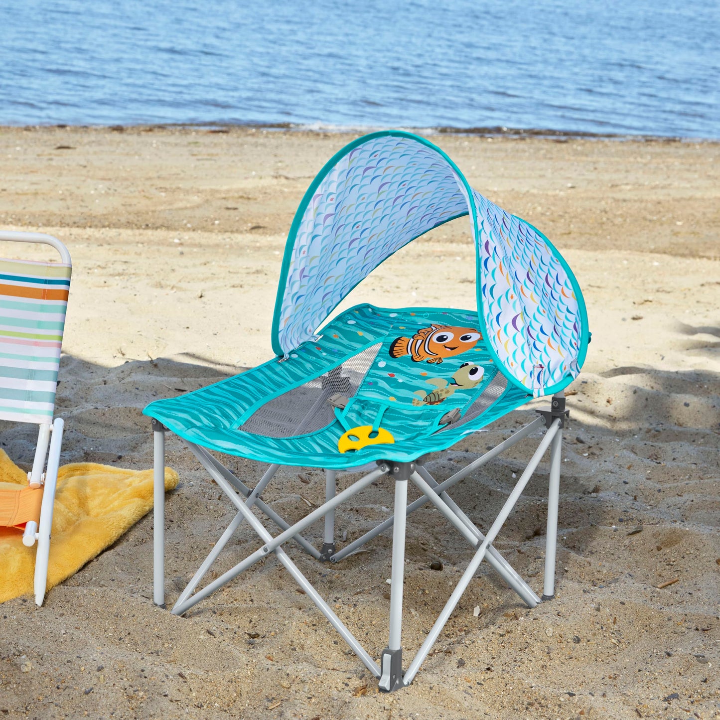 Bright Starts Disney Finding Nemo Pop 'N Chill Baby Chair Travel Seat, Indoor/Outdoor Use, Infant Seat with UPF 50+ Canopy, Blue, Ages 0-6 Months