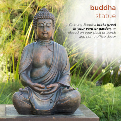 Alpine Corporation 15" Tall Indoor/Outdoor Meditating Buddha Statue, Tabletop Garden Decor, Bronze