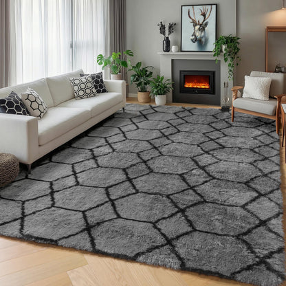 ONASAR Area Rugs for Bedroom Living Room, 4x6 Fluffy Grey and Black Rug, Shaggy Geometric Floor Mat for Home Decor Aesthetic, Soft Plush Fuzzy Carpet for Nursery Kids Teen Dorm