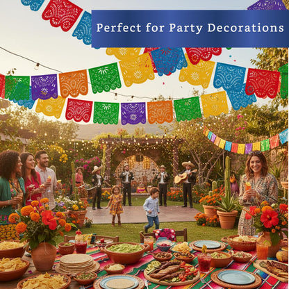Mexican Party Banners (5 Pack with 10 Plastic Flags per Banner) - Papel Picado Mexicano para Fiesta - Plastic Papel Picado - Fiesta Themed Party Decorations - Mexican Decor