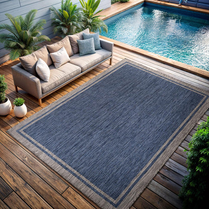 CAMILSON Outdoor Rug, 5x7 Bordered Navy Blue Gray Modern Area Rugs for Indoor and Outdoor Patios, Porches Waterproof Washable Porch Deck Outside Carpet (Bordered Navy, 5 x 7)