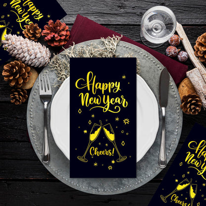 100 Pcs Happy New Year's Paper Napkins Disposable Party Napkins - Black and Gold Festive Design with "Happy New Year's" Wishes, 8x4.5 Inches for Xmas Winter Holiday Celebrations, New Years Eve Parties