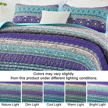 WONGS BEDDING Boho Queen Quilt Set, Blue Purple Bohemian Queen Quilt Bedding Set, Lightweight Microfiber Bed Decor Bedspread for All Season 96"x90"(3 Pieces)