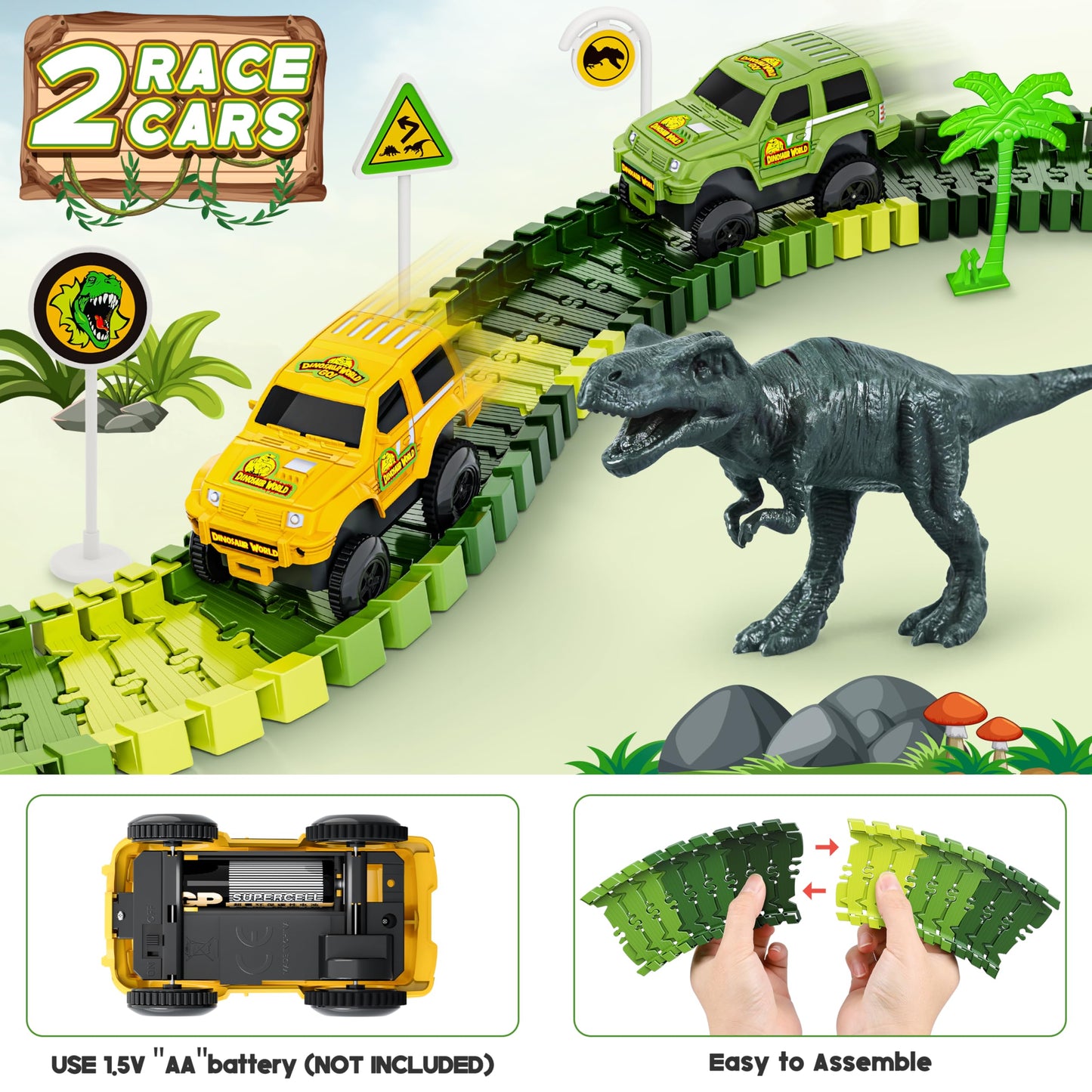 Dinosaur Tracks, 271 PCS Create A Dinosaur World Road Race for Kids Boys Toys Flexible Train Tracks Set with 2 Cool Race Cars and 2 Dinosaur Toys for Age 3 4 5 6 7 8 Year & Up Old Boy Girls Best Gift