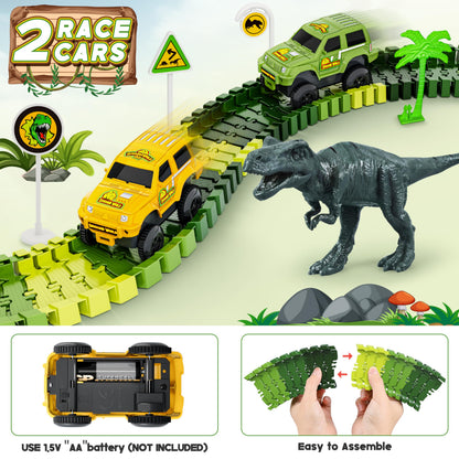 Dinosaur Tracks, 271 PCS Create A Dinosaur World Road Race for Kids Boys Toys Flexible Train Tracks Set with 2 Cool Race Cars and 2 Dinosaur Toys for Age 3 4 5 6 7 8 Year & Up Old Boy Girls Best Gift