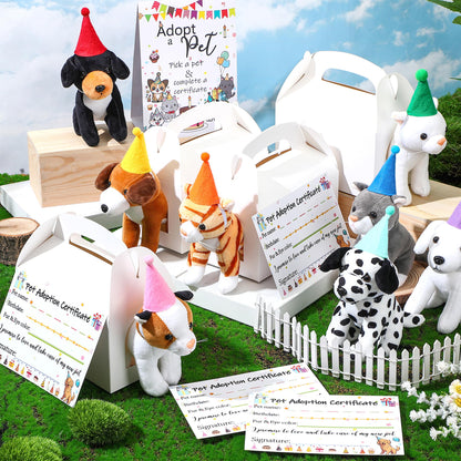 HyDren 33 Pcs Adopt Party Favors Include Adoption Sign Animal Adoption Plush Certificate Pet Stuffed Birthday Hats Paper Boxes White for Adopt an Animal(4 Cat 4 Dog)