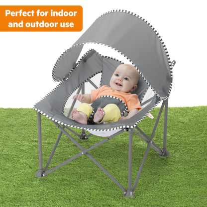 Bright Starts Pop 'N Chill Portable Infant Beach Chair, Travel Seat with UPF 50+ Canopy, Indoor/Outdoor Baby Seat, Grey, 0‑6 Months
