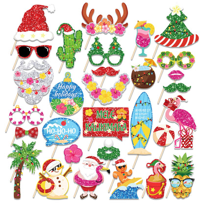 25-Piece Funny Tropical Christmas Photo Booth Props Kit - Beach Santa Holiday Party Supplies for Adults, Hawaiian Luau, Holiday Beach Party Decorations with Sticks & Stickers