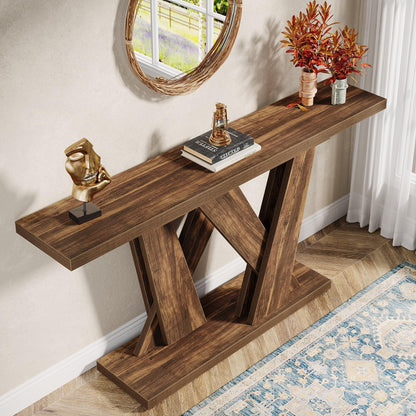 Tribesigns 55-Inch Farmhouse Console Table, Farmhouse Behind The Couch Table TV Stand with Geometric Base, Skinny Sofa Table Entryway Table for Entrance, Living Room, Hallway, Foyer, Rustic Brown