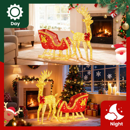 Sweetcrispy 4 FT Lighted Christmas Reindeer & Santa Sleigh Set, Family Outdoor Indoor Xmas Pre-Lit Yard Decoration w/ 180 LED Lights, Holiday Deer & Sled for Garden Lawn Patio Display, Gold-Red