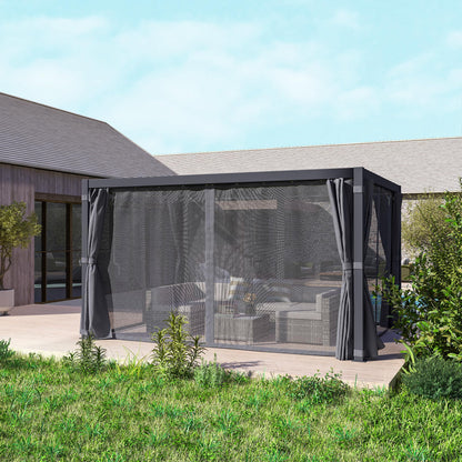 Outsunny 10 x 13 ft. Louvered Pergola Hardtop Gazebo with Adjustable Aluminum Roof and Frame, Outdoor Pergola with Curtains and Netting, for Garden, Lawn, Backyard, and Deck, Dark Gray