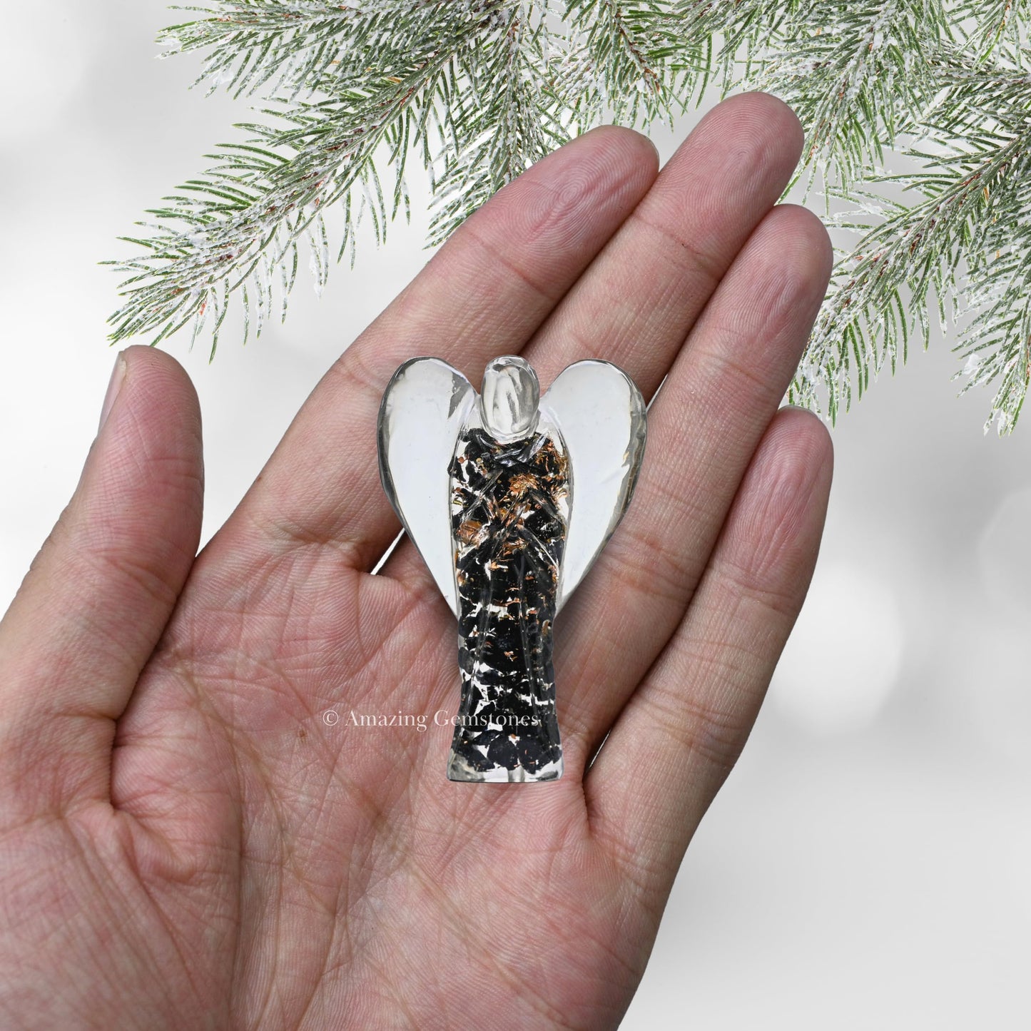 Amazing Gemstone Black Tourmaline Guardian Angel Figurine Pocket Crystal Angel for Protection - Orgone Guardian Angel with Orgonite Layer and Natural Crystal for Healing Gift (2 Inch, Organite)