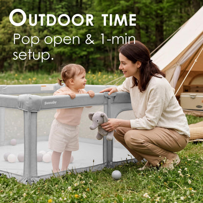 Sweeby Baby Playpen, 59x59 Inch Baby Gate Foldable Playpens for Babies and Toddlers, Extra Large Playpen with Door Play Yard for Kids Fence Indoor and Outdoor Play Pen, Gray