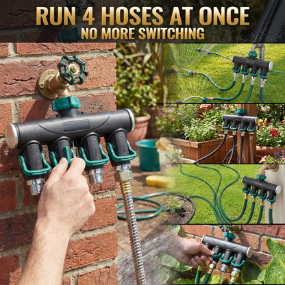Chunful 4 Way Garden Hose Splitter Metal Water Hose Splitter Connector 3/4" Us Standard, Heavy Duty Zinc Alloy Hoses Manifold, Easy Grip & Easy to Open, 4 High-volume Valves for Irrigation Lawn Garden