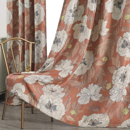 Taisier Home Stylish Faux Linen Curtains for Living Room/Bedroom | Privacy Added Light Reducing Flower Pattern Window Curtain Drapes (2 Panels) Grommet Top, 52x108 Inch, Orange