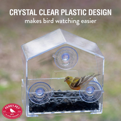 Perky-Pet Clear Outdoor Window Bird Feeder with Strong Suction Cups – 1/2 Lb Seed Capacity - Perky Pet 345 - Entertaining Bird Feeding - Watch Birds Eat Seeds