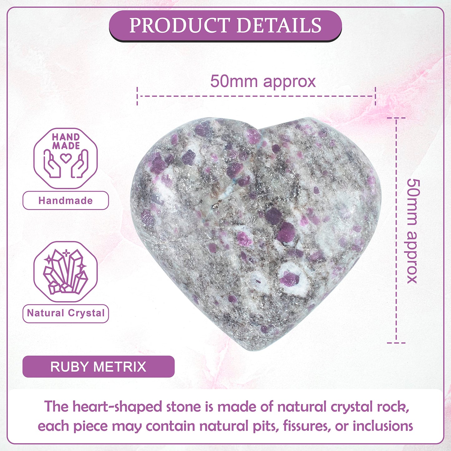 Crocon 50mm Ruby metrix Heart Stone Big Heart Shape Puff Stones Set 450+ Carats Pocket Crystal Healing Tumble Collection Palm Worry Stone Good Luck Charm Meditation Gift Craft Home Decor
