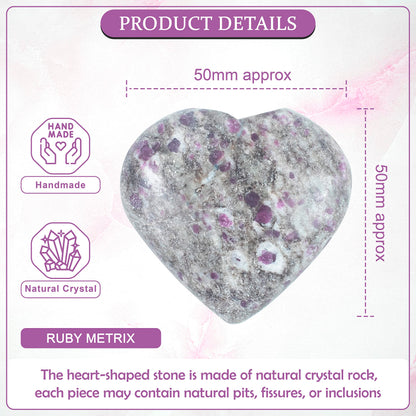 Crocon 50mm Ruby metrix Heart Stone Big Heart Shape Puff Stones Set 450+ Carats Pocket Crystal Healing Tumble Collection Palm Worry Stone Good Luck Charm Meditation Gift Craft Home Decor