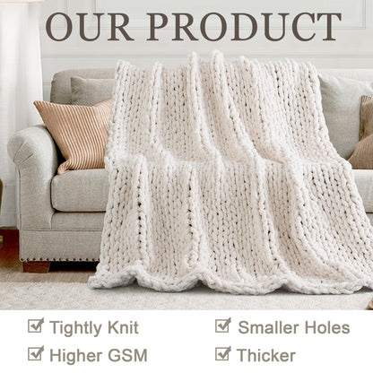 LONG CREATE Chunky Knit Throw Blanket 50"X 60", 100% Handmade with Soft Chenille Yarn, 4.4lbs Thick Cable Knitted Blankets, Large Rope Knot Crochet Throws for Couch Sofa Bed Home Decor, Cream White