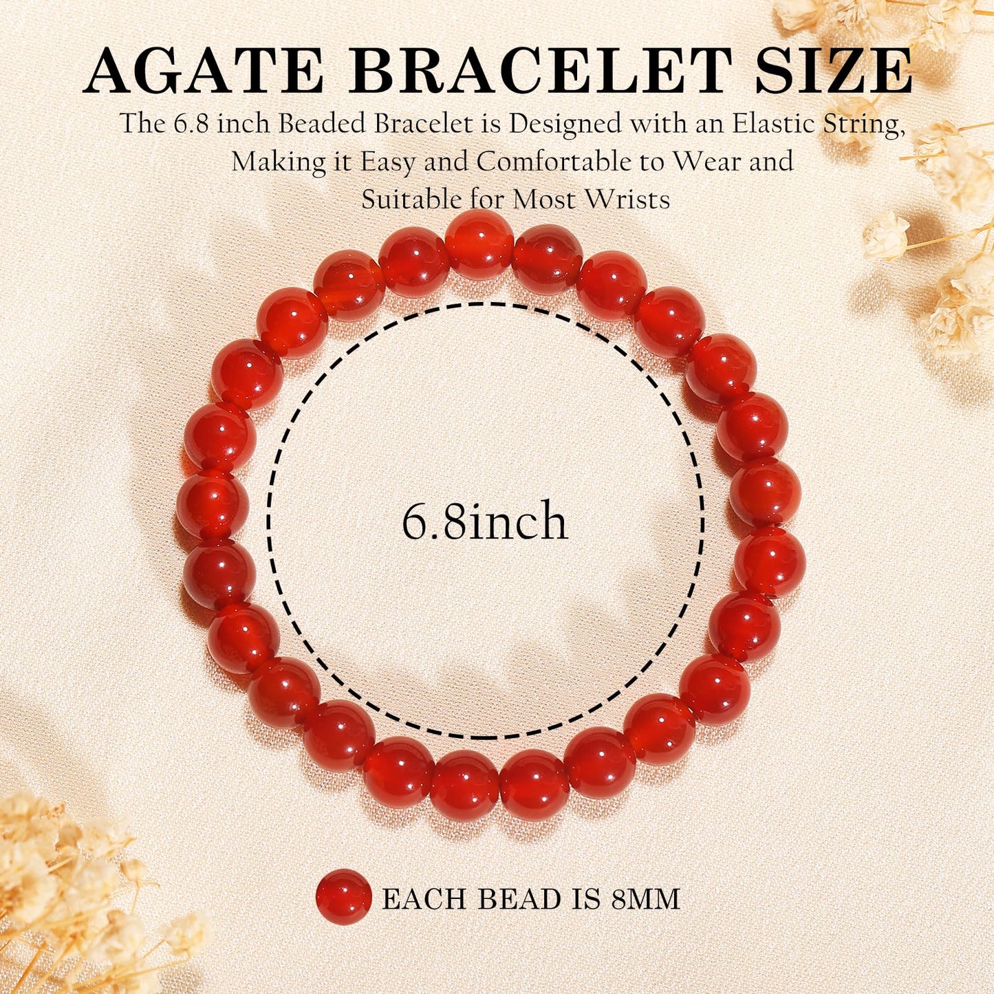 Aluckiss 8mm Red Agate Bracelets for Women Men Natural Agates Round Beaded Stone Healing Bracelet Stretch Elastic Handmade Polished Gemstone Beads Bracelet