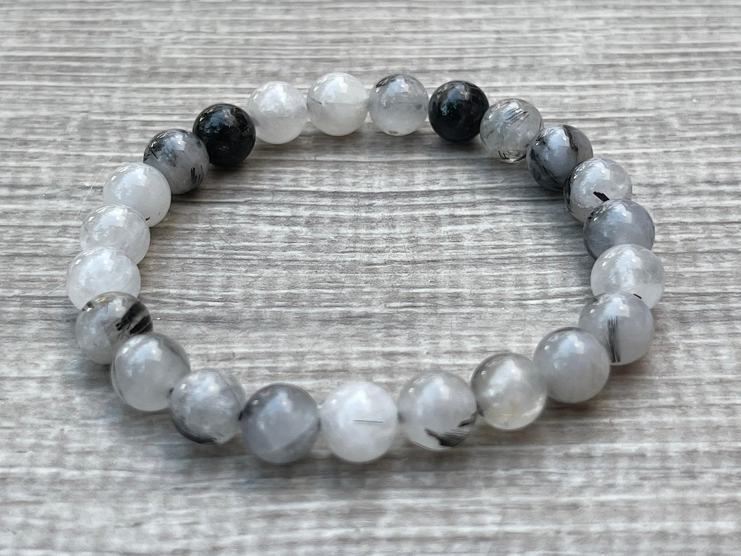 GAF TREASURES Black Rutilated Quartz Crystal Bead Bracelet 8mm, Genuine Black Rutilated Quartz Stretch Gemstone Bracelet, Healing Crystal Bracelet, Gift for Men & Women (1)