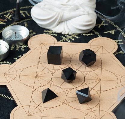 ZAICUS Black Tourmaline Crystal Geometry Set – 5 Pcs Platonic Solids Sacred Stones for Protection, Chakra Balancing, Reiki Healing, Meditation Crystals, Energy Cleansing Spiritual Gift (15–20 mm)