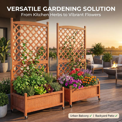 ActiveTrail 2 PCS Raised Garden Bed with Trellis, 61.5" Wooden Planter Box Outdoor with Drainage Holes and Locking Wheels, Privacy Planters for Patio, Climbing Plants, Vegetables, Balcony & Yard