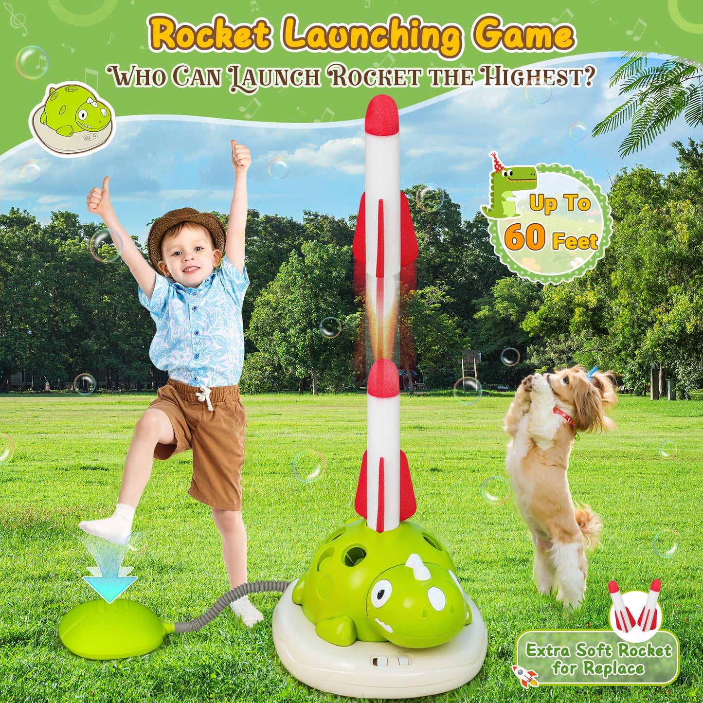 3 in 1 Musical Jump, Toss Ring Game and Stomping Launch Rocket with Storage Bag, Remote Control Outdoor Toys for Kids 3-6 Exercise Jump Gross Motor for Toddlers Indoor/Yard Game Gift for Boys Girl 4-8