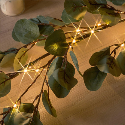 LITBLOOM Lighted Eucalyptus Garland Battery Operated with Timer 6FT 96 LED Artificial Greenery Twig Vine Lights for Room Stairs Mantle Wedding Holiday Decoration Indoor Outdoor