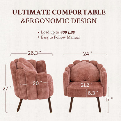 Furniliving Pink Vanity Chair, Velvet Accent Chair for Living Room, Shell Chairs with Wooden Legs, Makeup Chair for Bedroom, Armchair Cute Petal Reading Chair with Pillow