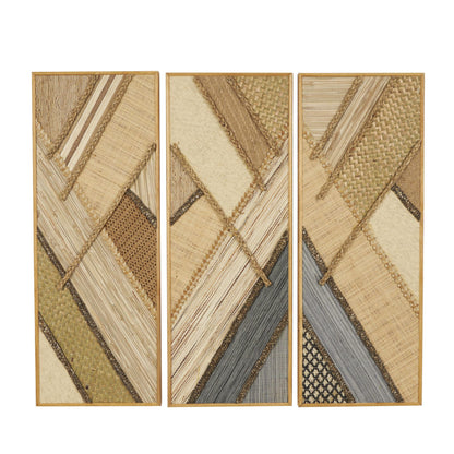 Deco 79 Wooden Geometric Handmade Home Wall Decor Textured Mixed Media Diagonal Wall Sculpture, Set of 3 Wall Art 12" W, 32" H, Brown