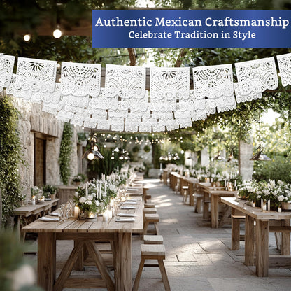 White Papel Picado Banner (5 Pack - 10 Plastic Flags per Banner) - White Mexican Banners for Parties and Weddings - Mexican Themed Party Decorations - Papel Picado Mexicano para Decoraciones