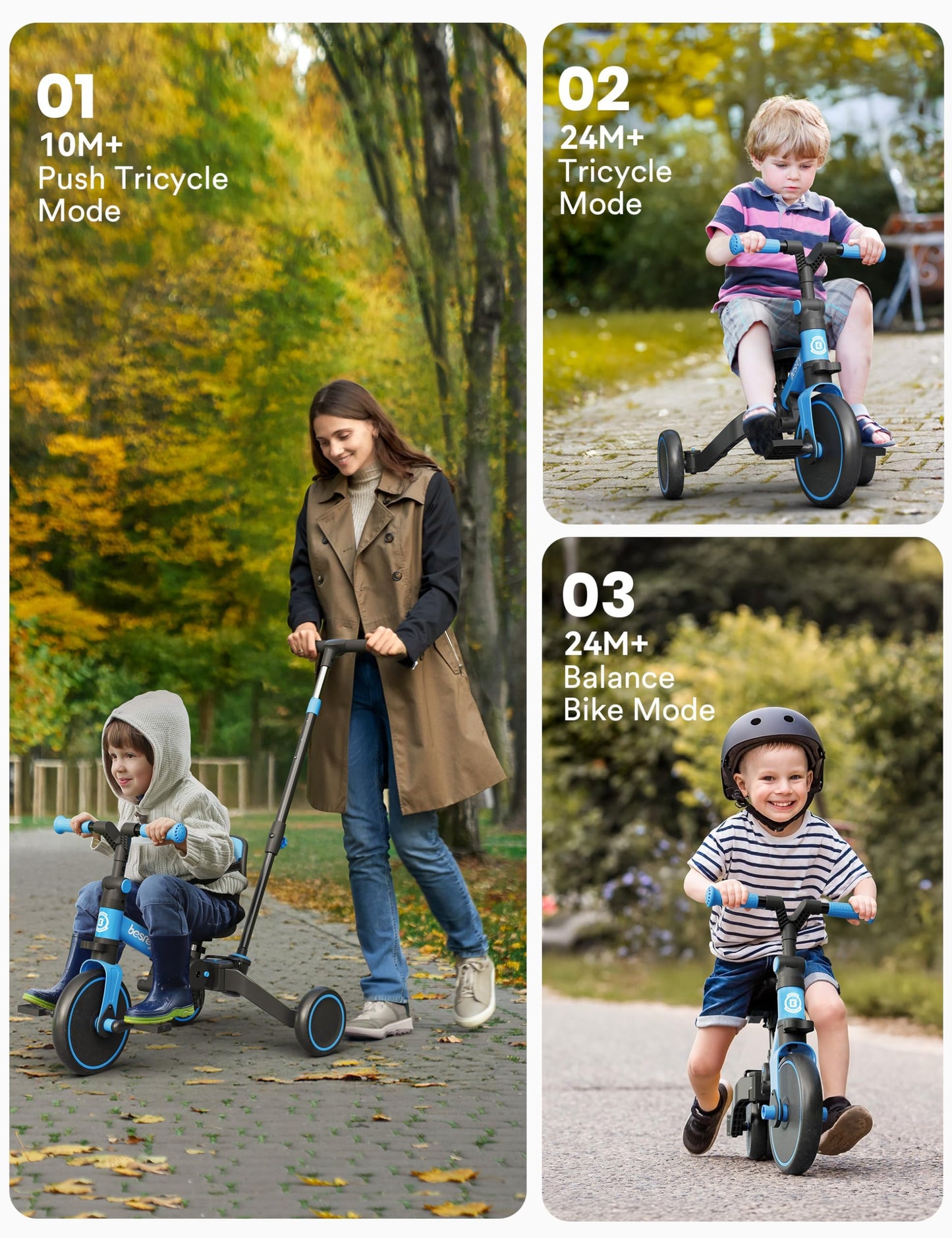 besrey 4 in 1 Toddler Bike, Toddler Tricycle for 1-3 Year Old, Trike with Push Handle, Backrest and Safety Belt, Birthday Gifts and Toys for Boys and Girls, Balance Bike (Blue)