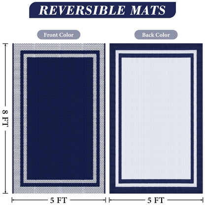 KMAT Outdoor Rug, Waterproof Reversible Patio Rugs, 5x8ft Large Outdoor Area Rug Foldable Plastic Camping Rugs for Outside RV, Patio,Picnic,Camper,Balcony,Porch (Blue &White)