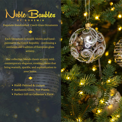 Luxury Handcrafted European Glass Christmas Ball Ornaments - Set of 6 - Silver & White - Satin & Shine - 8 cm - Mouth-Blown & Hand-Painted