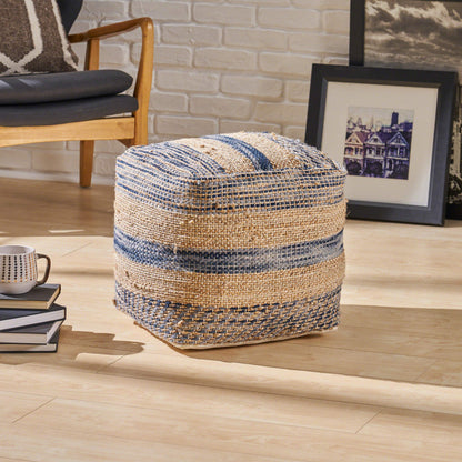 Christopher Knight Home Lola Boho Hemp and Wool Pouf, Natural and Blue