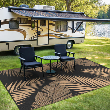 sarben Outdoor Rug 4’x6’ Waterproof for Patio Clearance, Reversible Indoor Outdoor Plastic Straw Camping Rug Carpet, RV Mat, Large Area Rug for Deck, Backyard, Balcony, Porch, Beach, Black & Brown