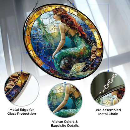365CUSGIFTS Mermaid Stained Glass Window Hanging Sun Catcher Halloween Haning Ornament Decoration Christmas Birthday Gifts for Lover and Friends