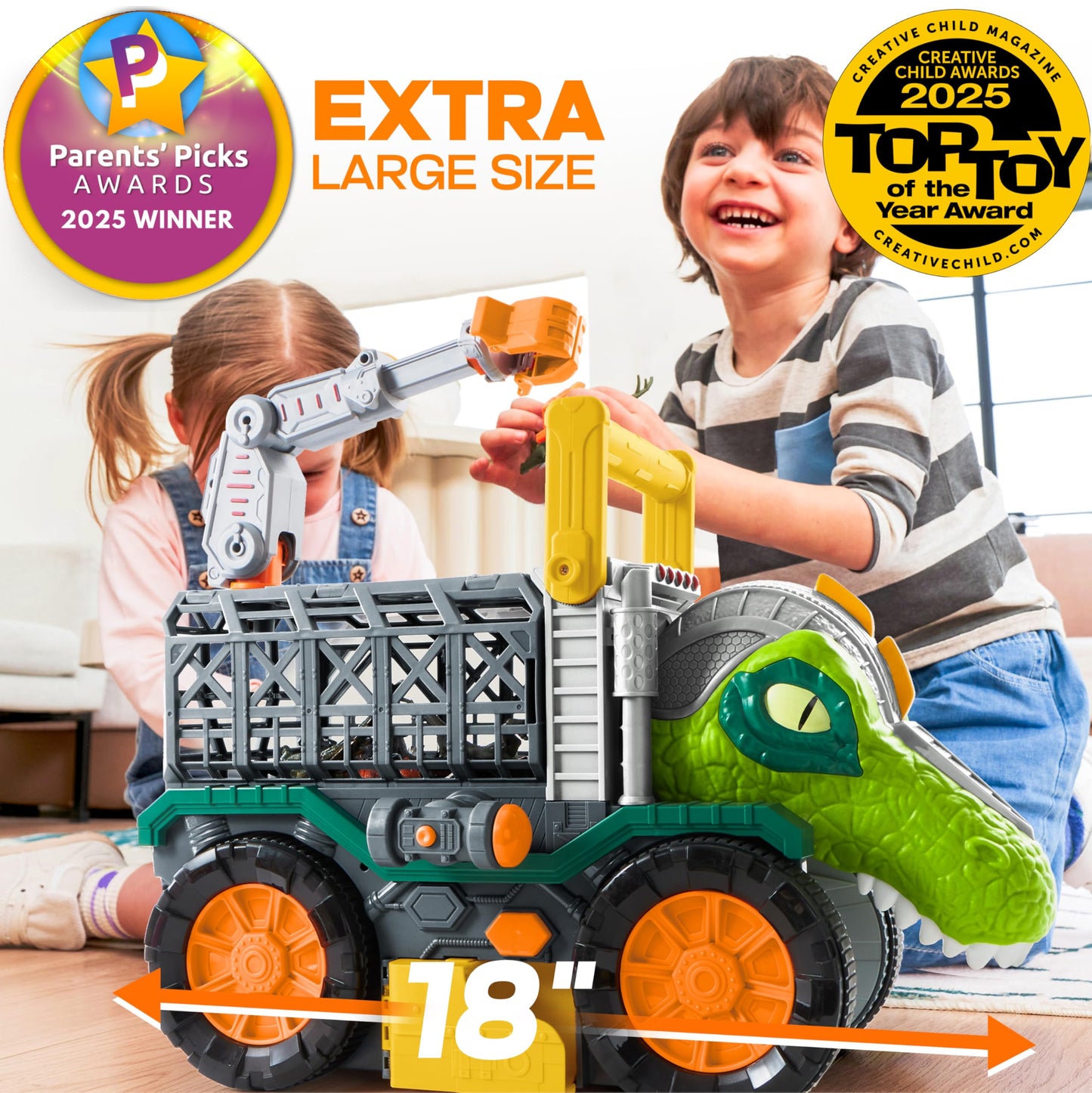 JOVA Vroomix Dinosaur Toy for Toddlers 2 3 4 5+ Year Old, Extra Large Dinosaur Monster Truck with Figures, T-Rex Toy with Launcher and Darts, Crane Arm & Tunnel, Jurassic Toy for Boys Birthday Gift