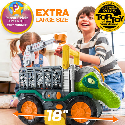 JOVA Vroomix Dinosaur Toy for Toddlers 2 3 4 5+ Year Old, Extra Large Dinosaur Monster Truck with Figures, T-Rex Toy with Launcher and Darts, Crane Arm & Tunnel, Jurassic Toy for Boys Birthday Gift