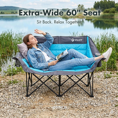 VILLEY Oversized Double Camping Chair for Adults, Heavy-Duty Folding Loveseat Camp Chair with Cup Holders, 2 Person Outdoor Chair Supports up to 900 lbs for Camping, Beach, Lawn & Sports