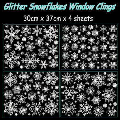 Glitter Snowflake Window Clings, 147PCS Silver Sparkling Christmas Window Clings Winter Wonderland Decorations for Home Christmas Party (Glitter Snowflake)