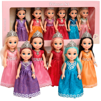 TOMLEON Princess Dolls Playset – 6 Mini Princess Dolls with Colorful Gowns, Crowns & Jewelry – Fantasy Role Play Set for Kids with Elegant Dresses, Accessories & Royal-Themed Box – Gift for Ages 3+