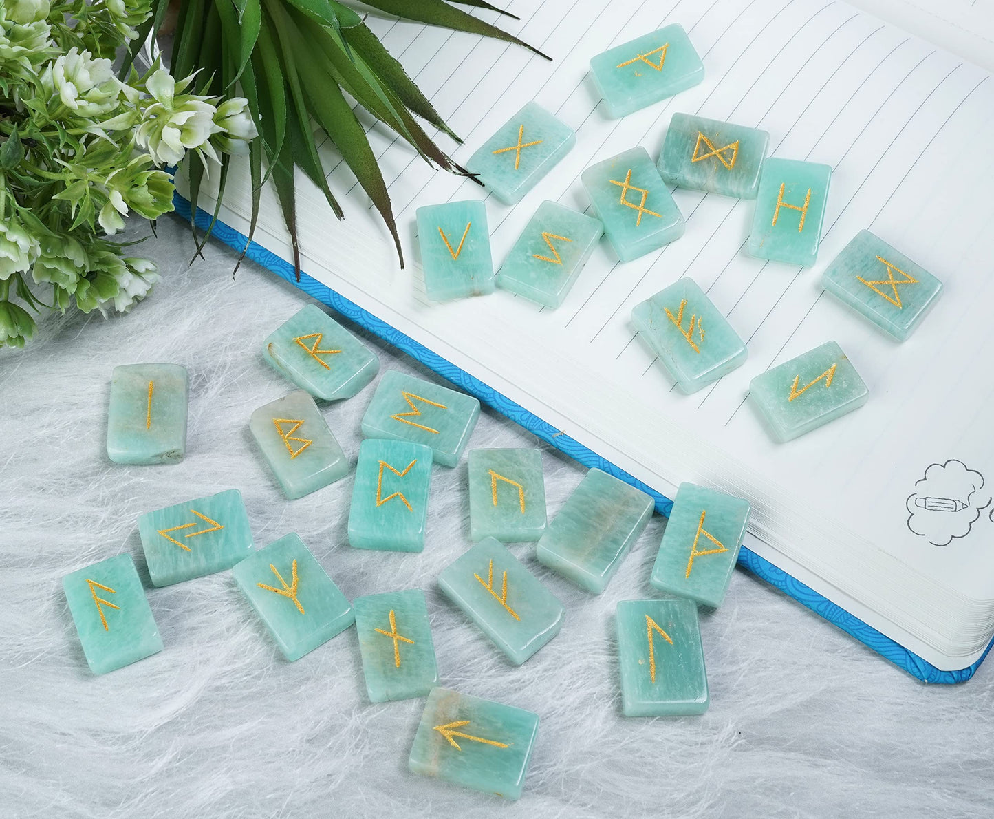 Crocon Amazonite Rectangle Shape Gemstone Runes with Elder Futhark Alphabet Engraved 25 pcs Rune Set Crystal Divination Metaphysical Healing Chakra Reiki Runes Set with a Pouch Size : 20-25mm