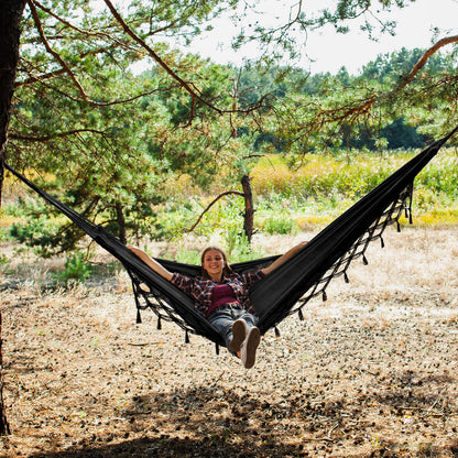 Bellzacasa Double Hammock, Heavy Duty 500 lb Load Capacity Tassels and Fishtail Knitting with Mounting Straps for Outdoor Camping Patio Balcony Black